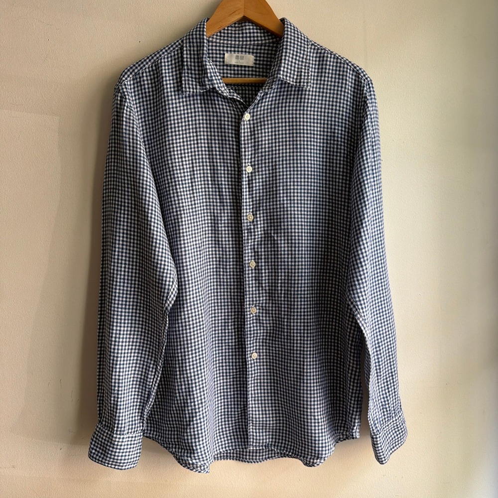 Uniqlo Linen Gingham Check Button Down Shirt Blue Large